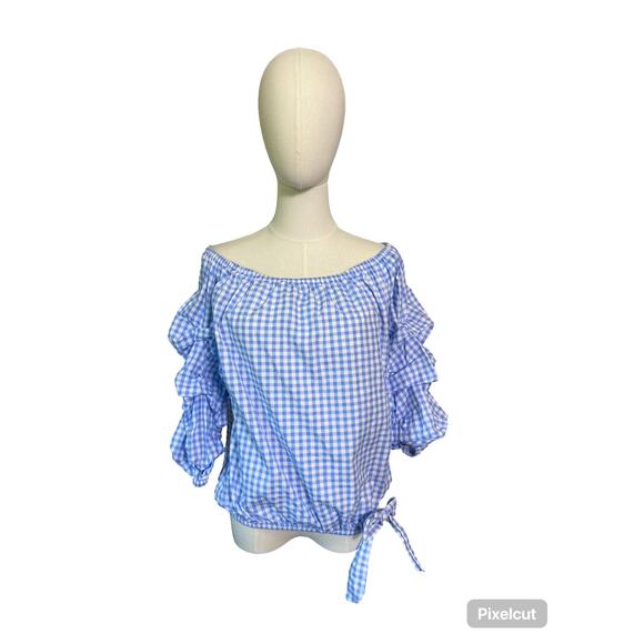 CeCe Blue Gingham Off Shoulder Blouse M | Ruffle Sleeve Tie Hem Cotton Top - Picture 1 of 6